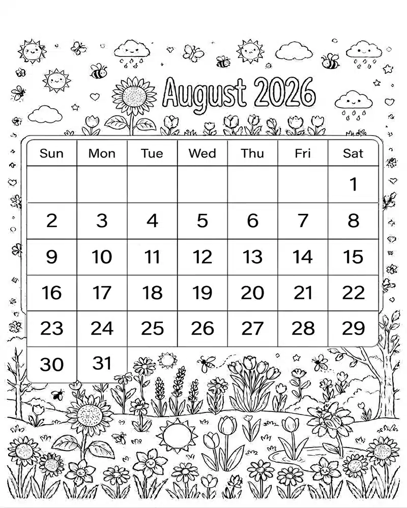 Dibujo de Agosto 2026 para niños Dibujos para Colorear