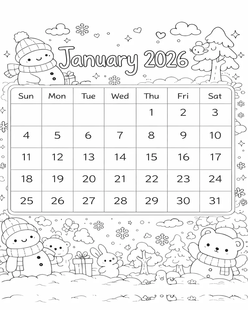 Dibujo de Enero 2026 para niños Dibujos para Colorear
