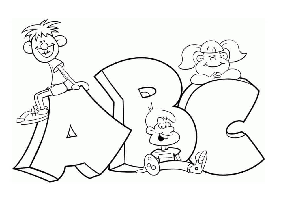 Dibujo de Tres niños con Abc para Colorear