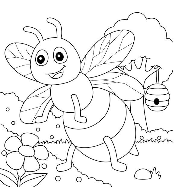 Dibujo de Abeja Divertida con Flor para Colorear