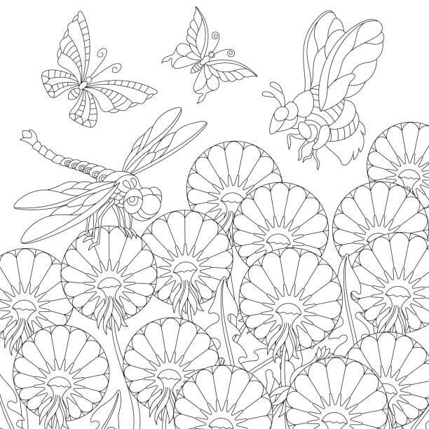Dibujo de Abeja Mariposas y Libelula con Flores para Colorear