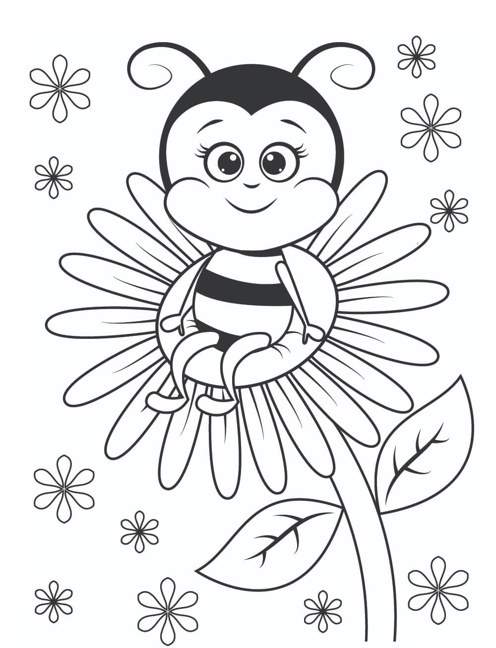 Dibujo de Abeja Sentada en Girasol para Colorear