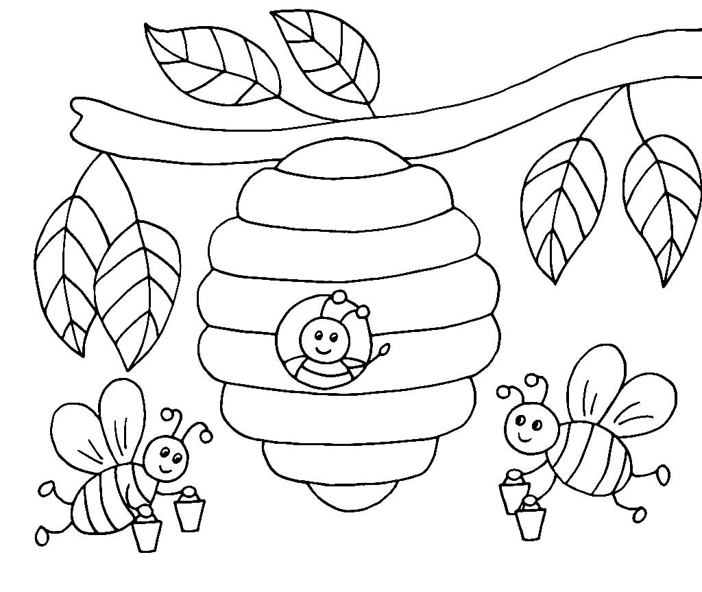 Dibujo de Abejas con Colmena en árbol para Colorear