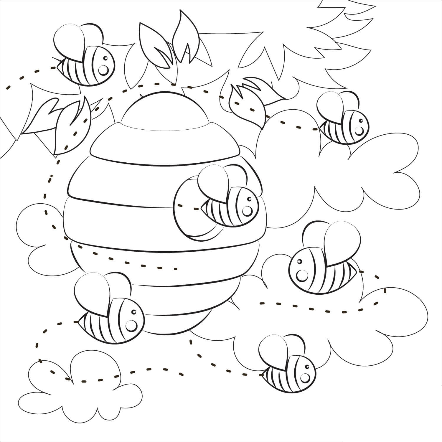 Dibujo de Abejas y Colmena con Hojas para Colorear
