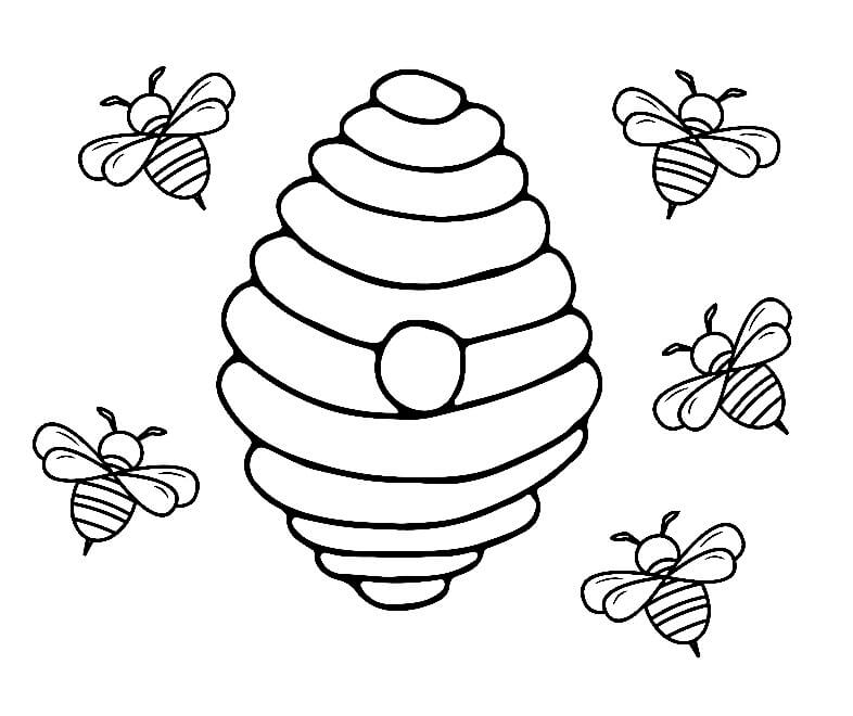 Dibujo de Cinco Abejas con Colmena de Abejas para Colorear