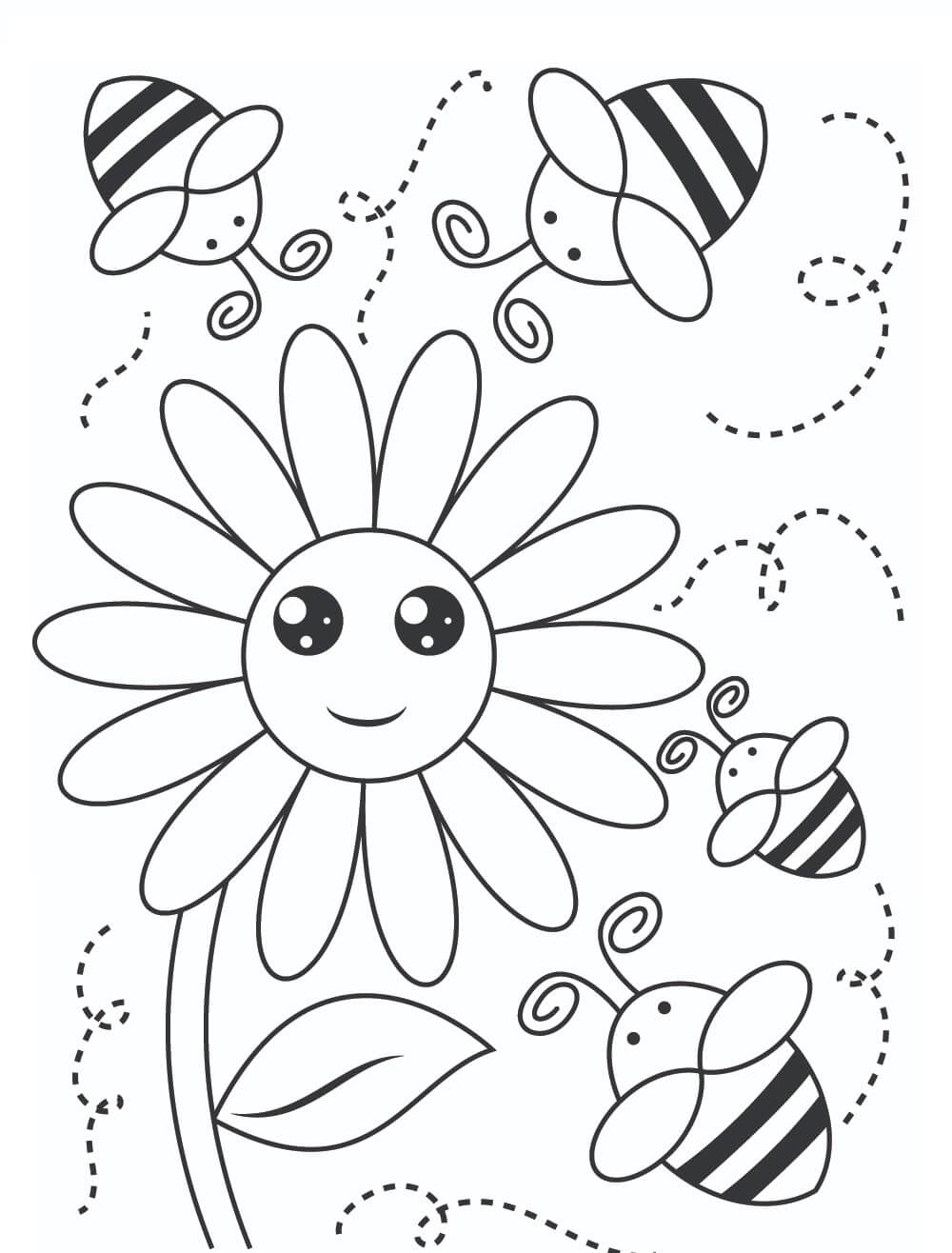 Dibujo de Cuatro Abejas con Flor Sonriente para Colorear