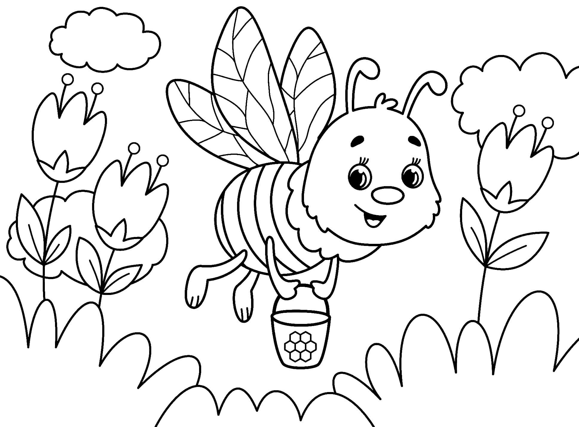 Dibujo de Divertida Abeja Volando con Flores para Colorear