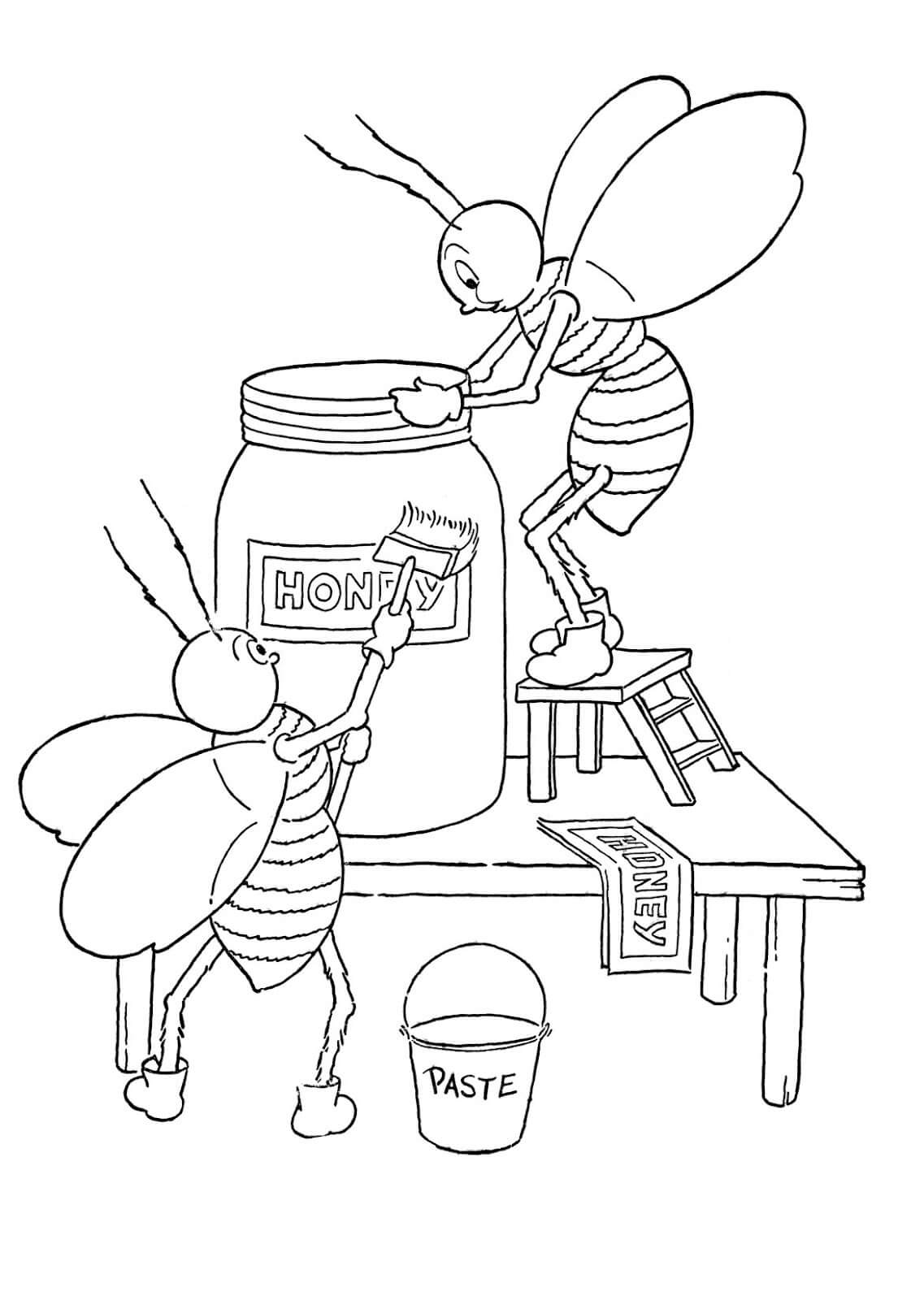 Dibujo de Dos Abejas con Tarro de Miel para Colorear