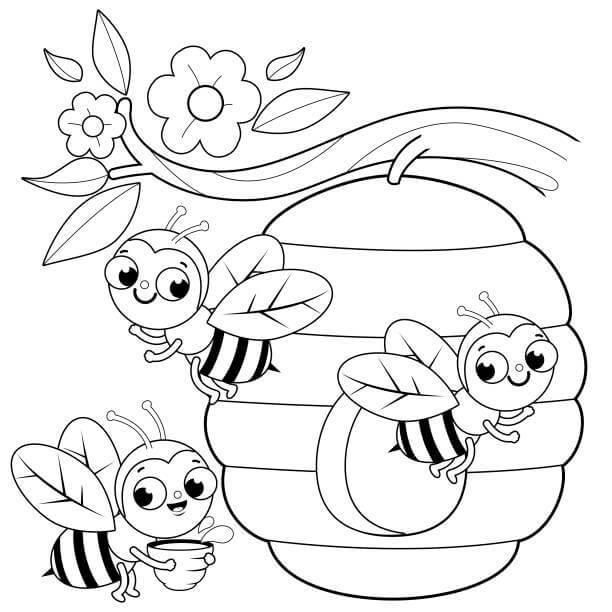 Dibujo de Tres Abejas con Colmena para Colorear
