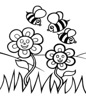 Dibujo de Tres Abejas con Flores para Colorear