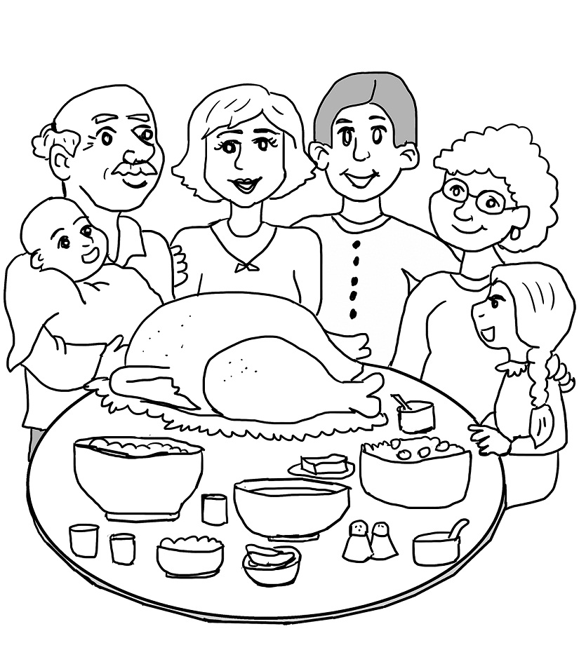 Dibujo de Cena Familiar de acción de Gracias para Colorear