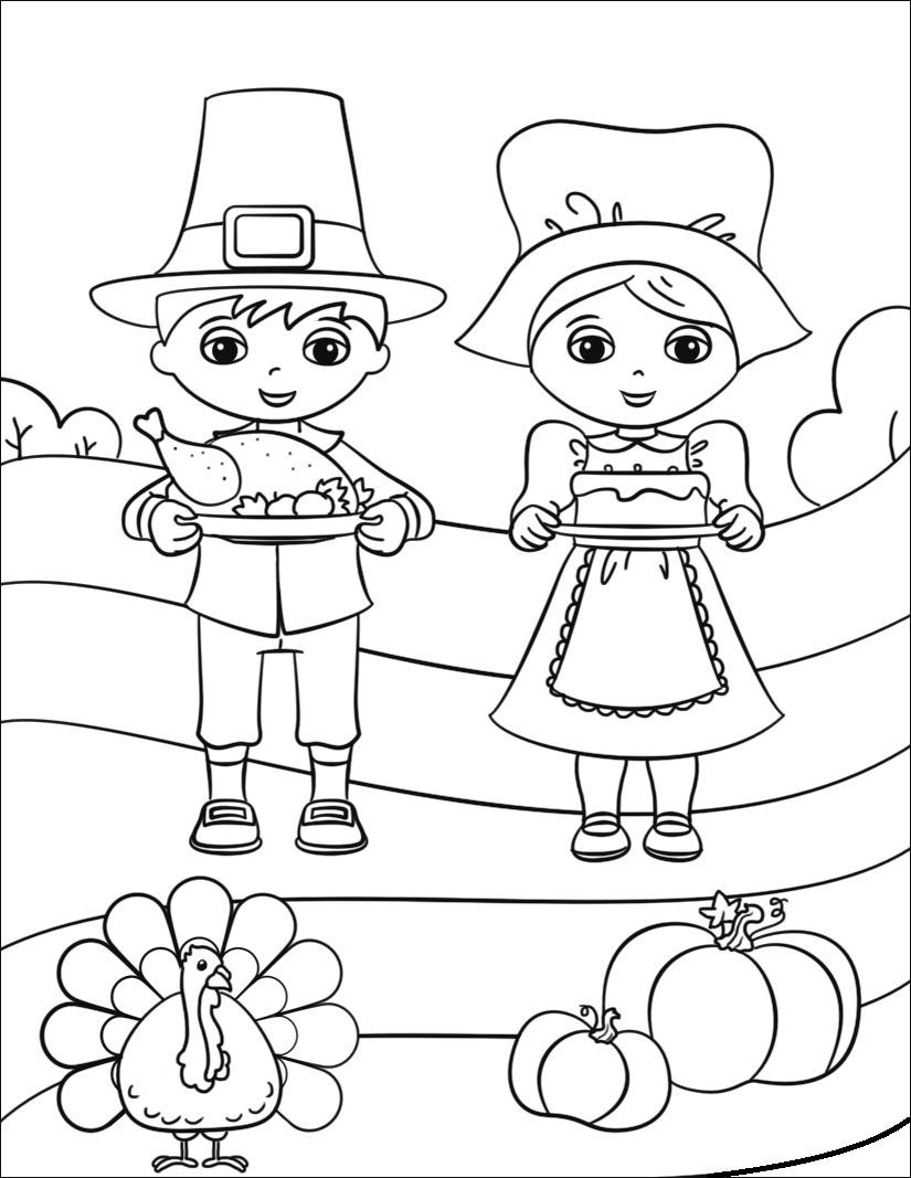 Dibujo de Lindo Peregrino niño y niña para Colorear