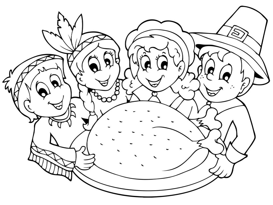Dibujo de Niños con Gran Pavo para Colorear