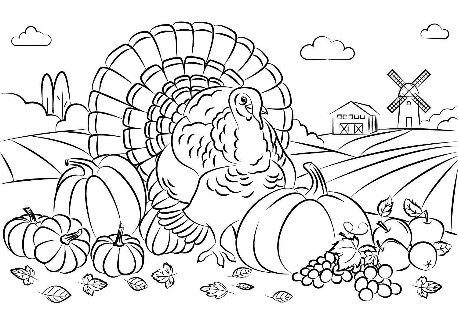 Dibujo de Pavo de acción de Gracias con Cosecha para Colorear