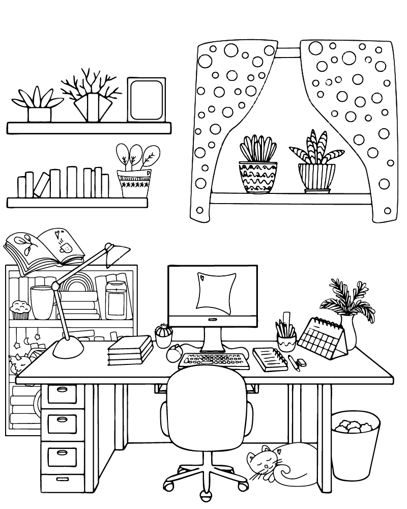 Dibujo de Cozy Working Space Coloring Pagepng para Colorear