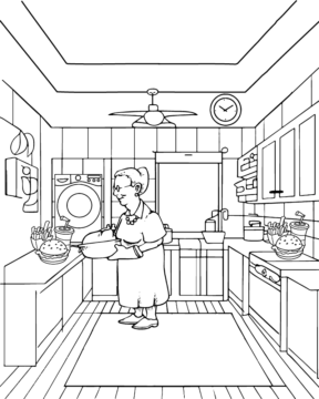 Dibujo de Grandma Cooking In Kitchen Coloring Pagepng para Colorear