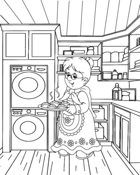 Dibujo de Grandma Preparing Foods In Cozy Kitchen Coloring Pagepng para Colorear