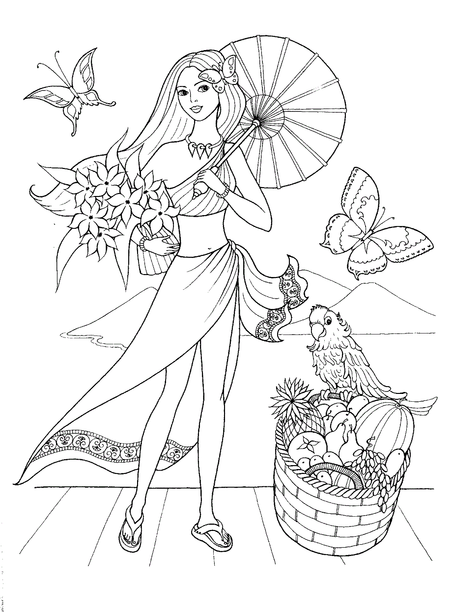 Dibujo de Chica Adolescente con pájaro y Flor para Colorear