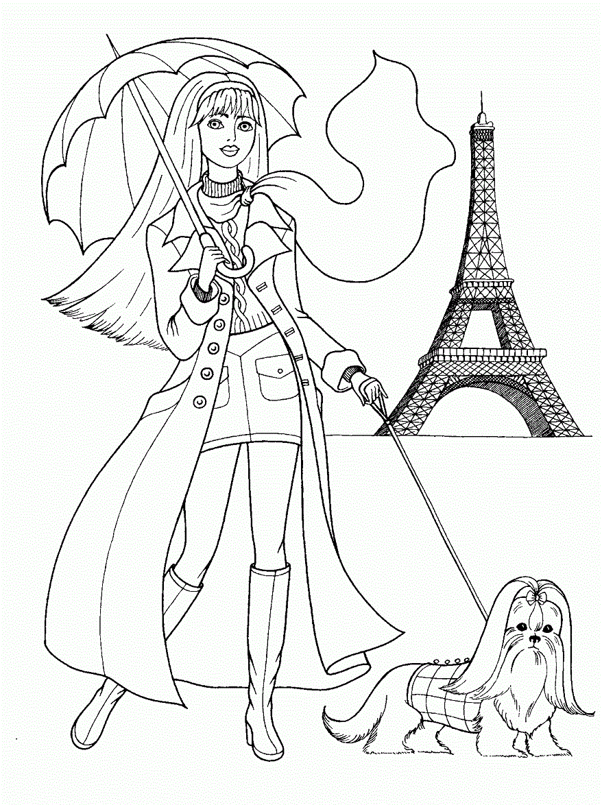 Dibujo de Chica Adolescente con Su Perro en Paris para Colorear