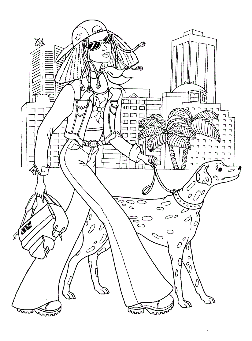 Dibujo de Chica Adolescente de Moda con Su Perro para Colorear