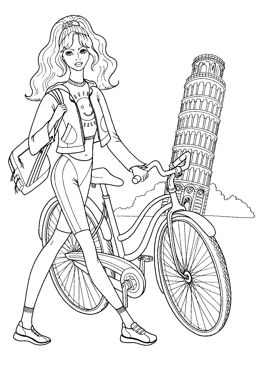 Dibujo de Chica Adolescente Montando Bicicleta en Pisa para Colorear