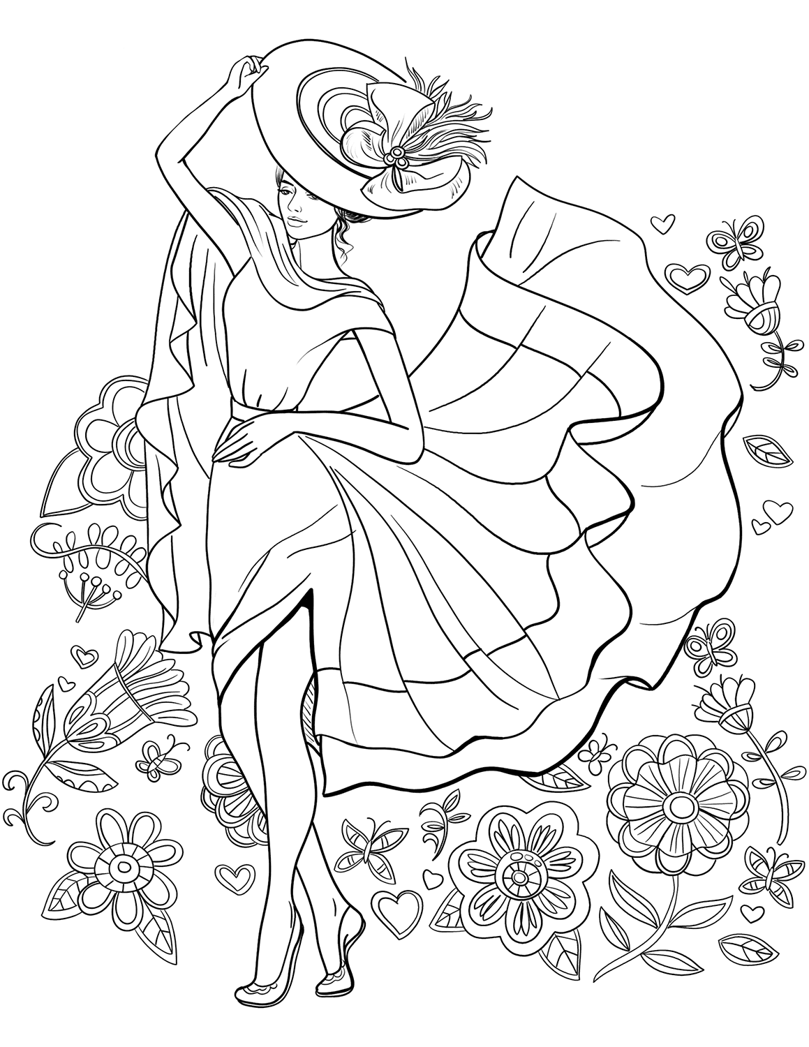 Dibujo de Hermosa Chica Adolescente con Flores para Colorear