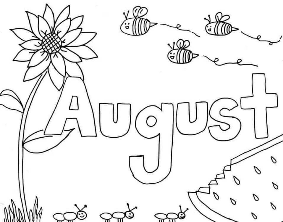 Dibujo de Agosto con Abeja y Flor para Colorear