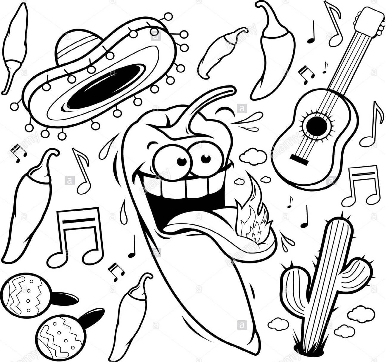 Dibujo de Colección Mexicana de Aji Picante Mariachi para Colorear