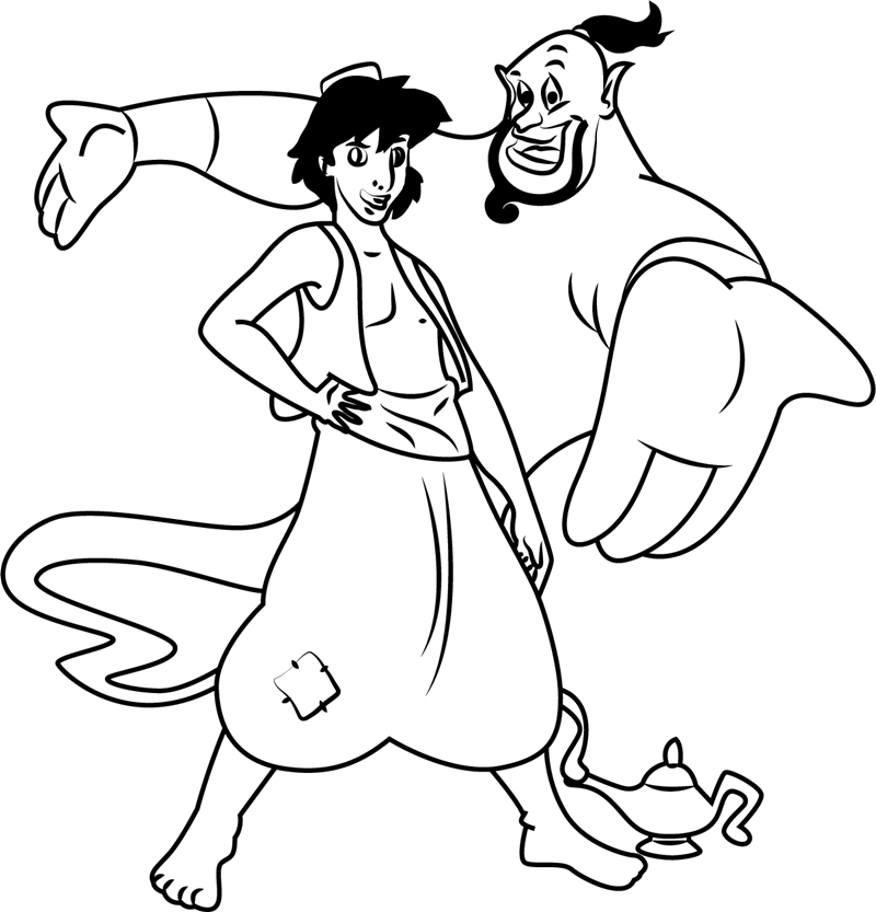 Dibujo de Aladdín y Genio para Colorear
