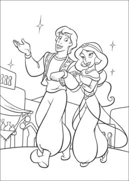 Dibujo de Aladdín y jazmín Caminando para Colorear
