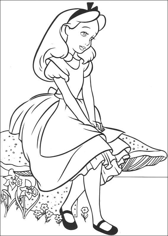 Dibujo de Alicia Sentada Sobre un Hongo para Colorear