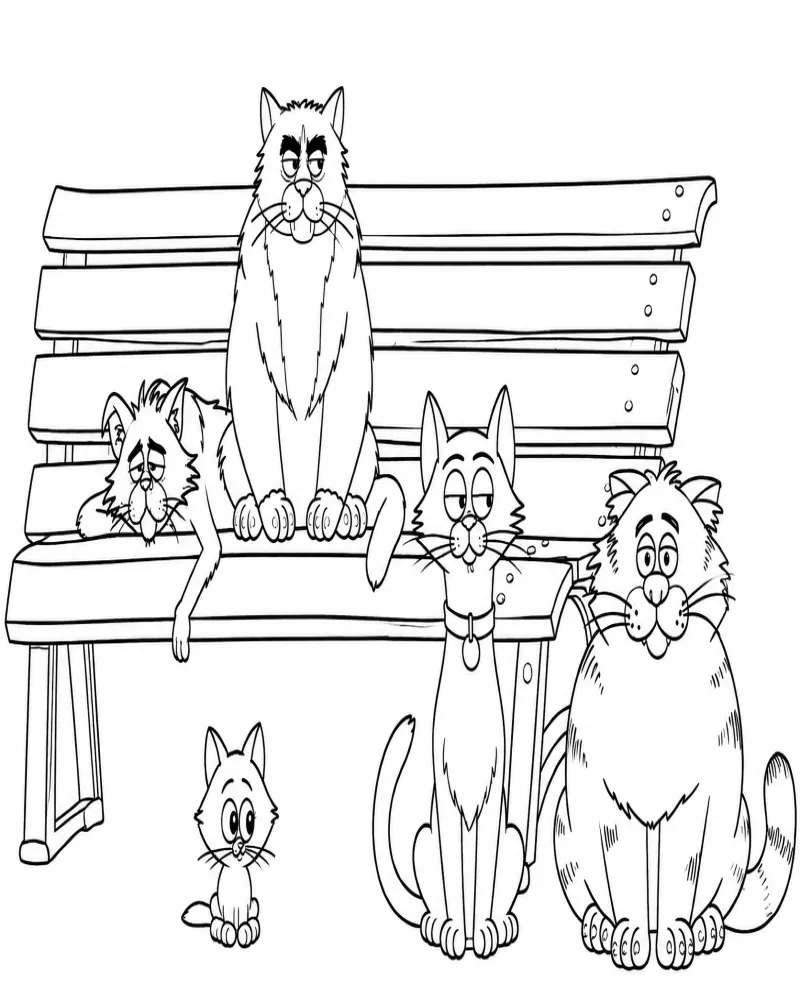 Dibujo de Cuatro Gatos Callejeros Descansando en un Banco del Parque página para Colorear