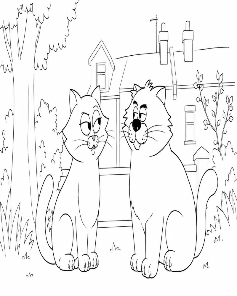Dibujo de Dos Gatos Callejeros Amigables en el Vecindario página para Colorear
