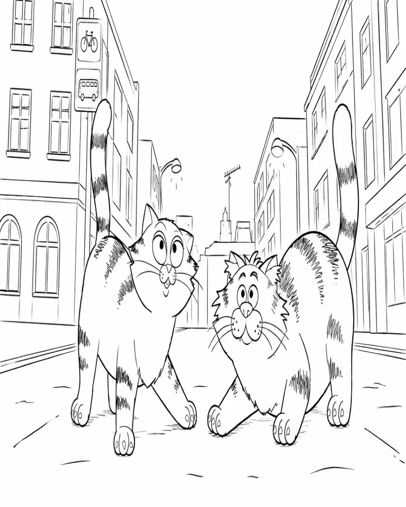 Dibujo de Dos Gatos Callejeros Juguetones en una Calle de la Ciudad página para Colorear
