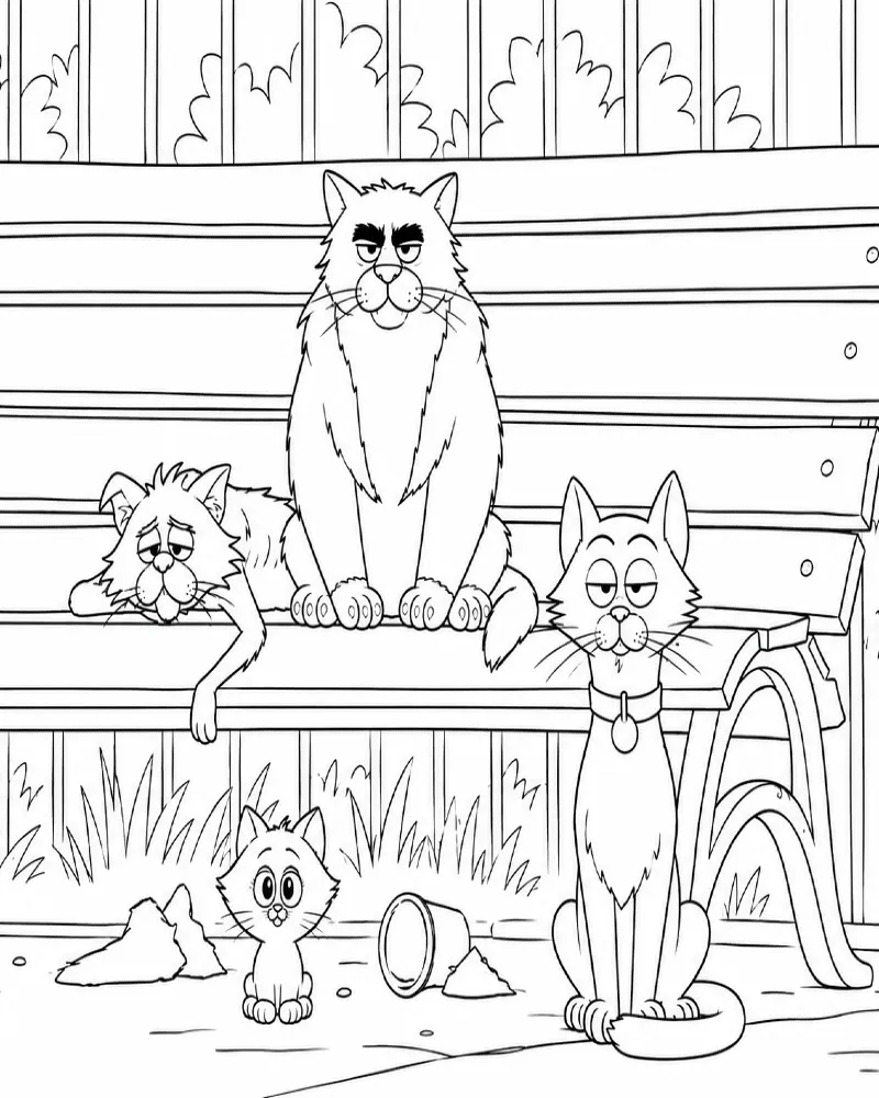 Dibujo de Familia de Gatos Callejeros en el Banco del Parque página para Colorear