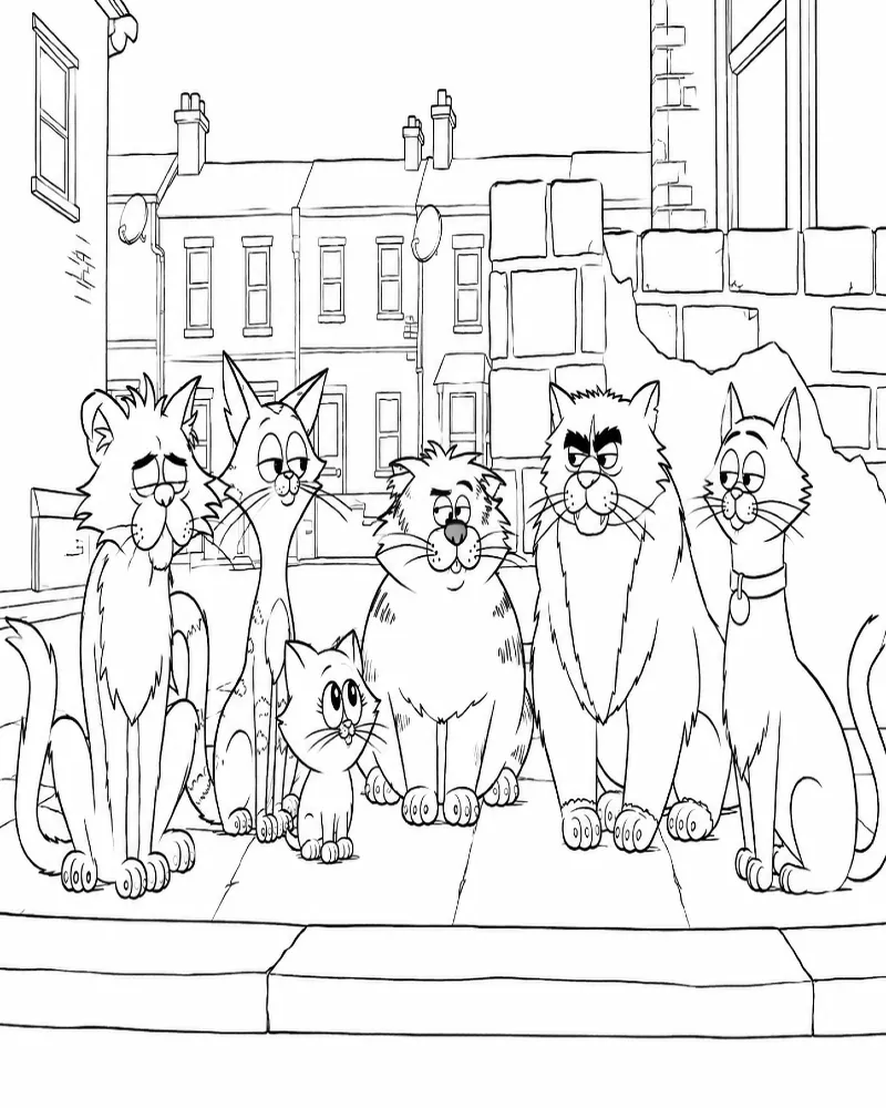 Dibujo de Familia de Gatos Callejeros en el Vecindario página para Colorear