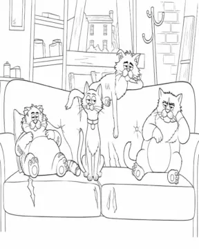 Dibujo de Gatos Callejeros Dormidos en un sofá Viejo página para Colorear