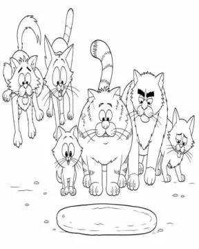 Dibujo de Gatos Callejeros Saltando en la Carretera página para Colorear