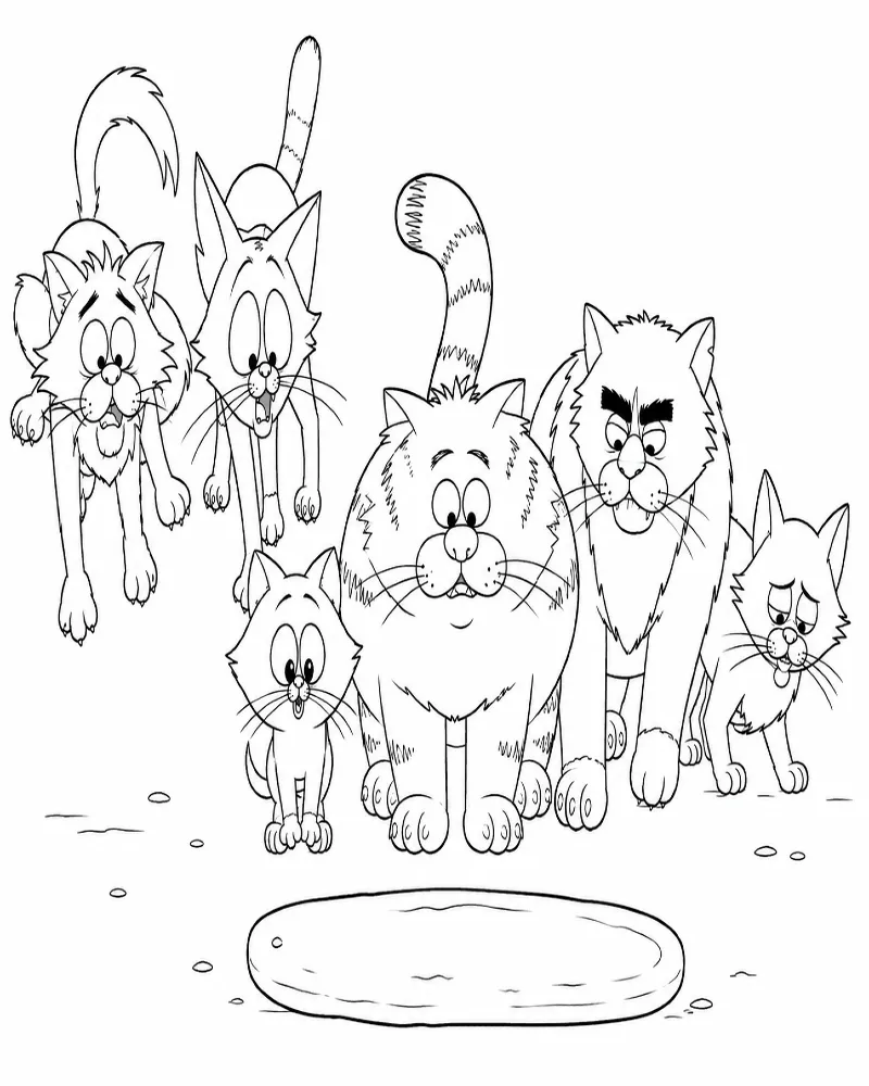 Dibujo de Gatos Callejeros Saltando en la Carretera página para Colorear