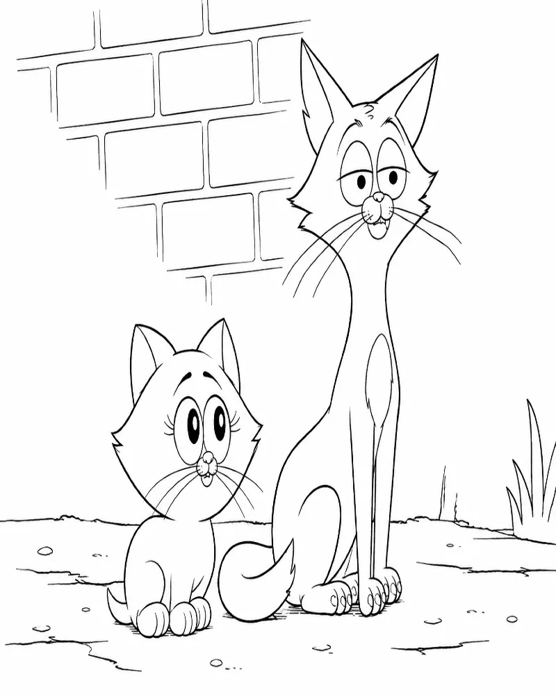 Dibujo de Mamá Gata Callejera y Su Gatito Adorable página para Colorear