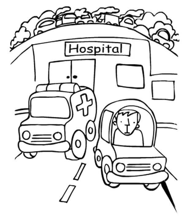 Dibujo de Ambulancia y Hospital para Colorear