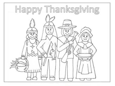 Dibujo de Peregrinos y Nativos Americanos para Colorear