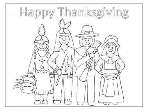 Dibujo de Peregrinos y Nativos Americanos para Colorear