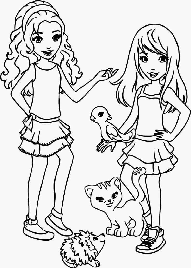 Dibujo de Dos Amigas y Animales para Colorear