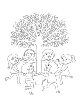 Dibujo de Seis Amigos Jugando con el Rbol para Colorear