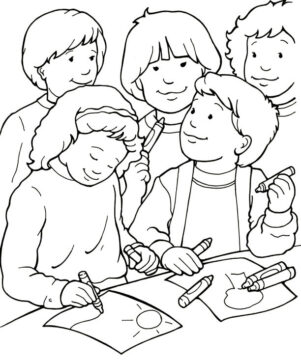 Dibujo de Tres Amigos Haciendo Dibujos para Colorear