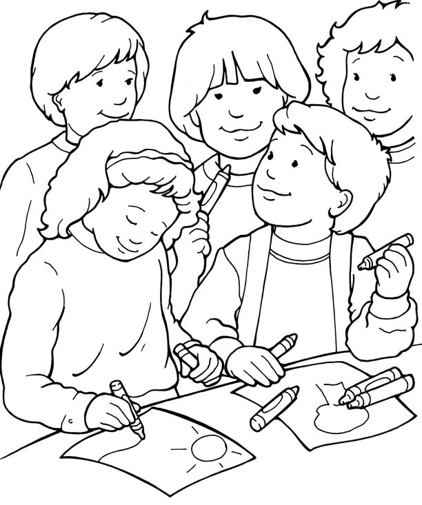 Dibujo de Tres Amigos Haciendo Dibujos para Colorear