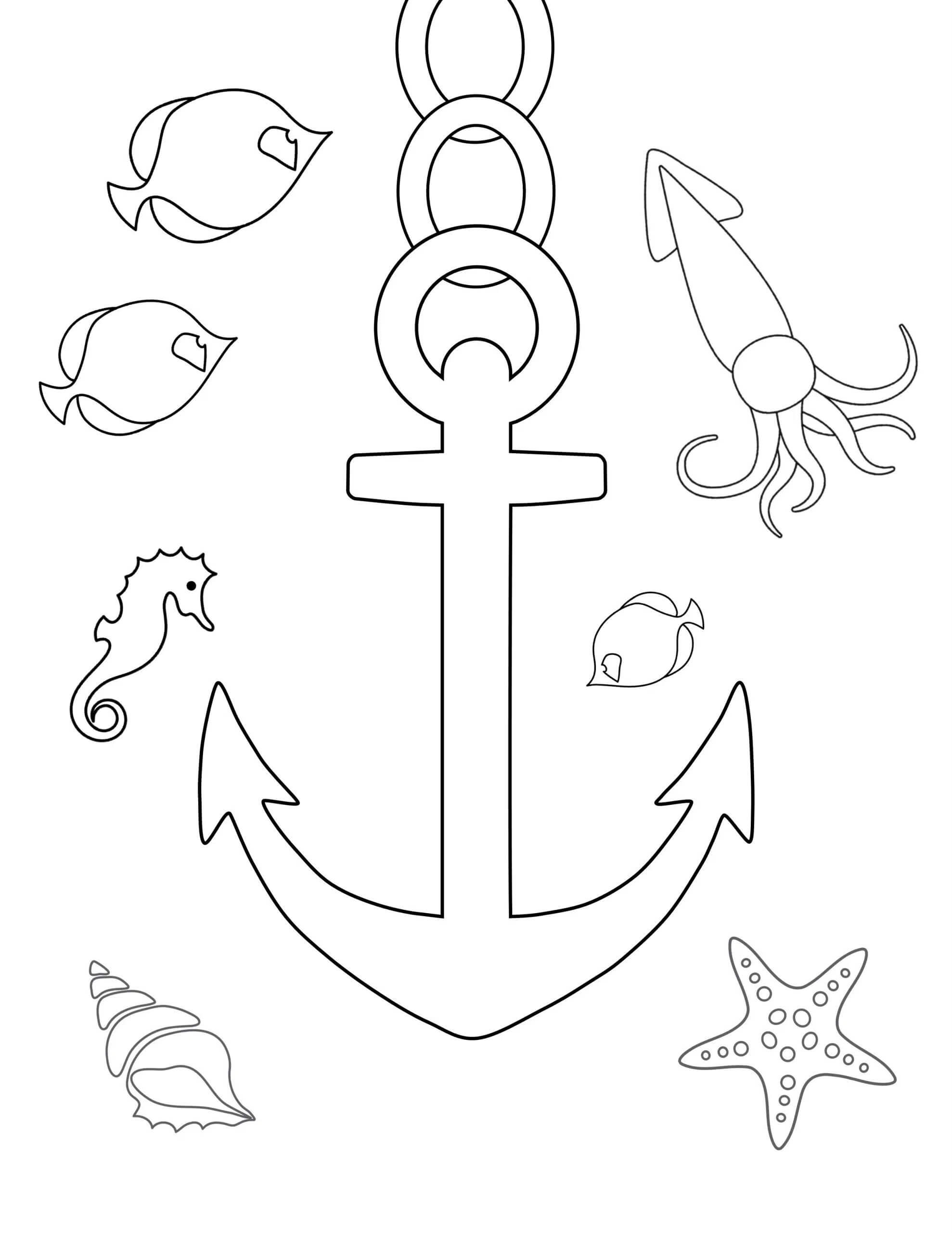 Dibujo de Ancla con Animal Marino para Colorear