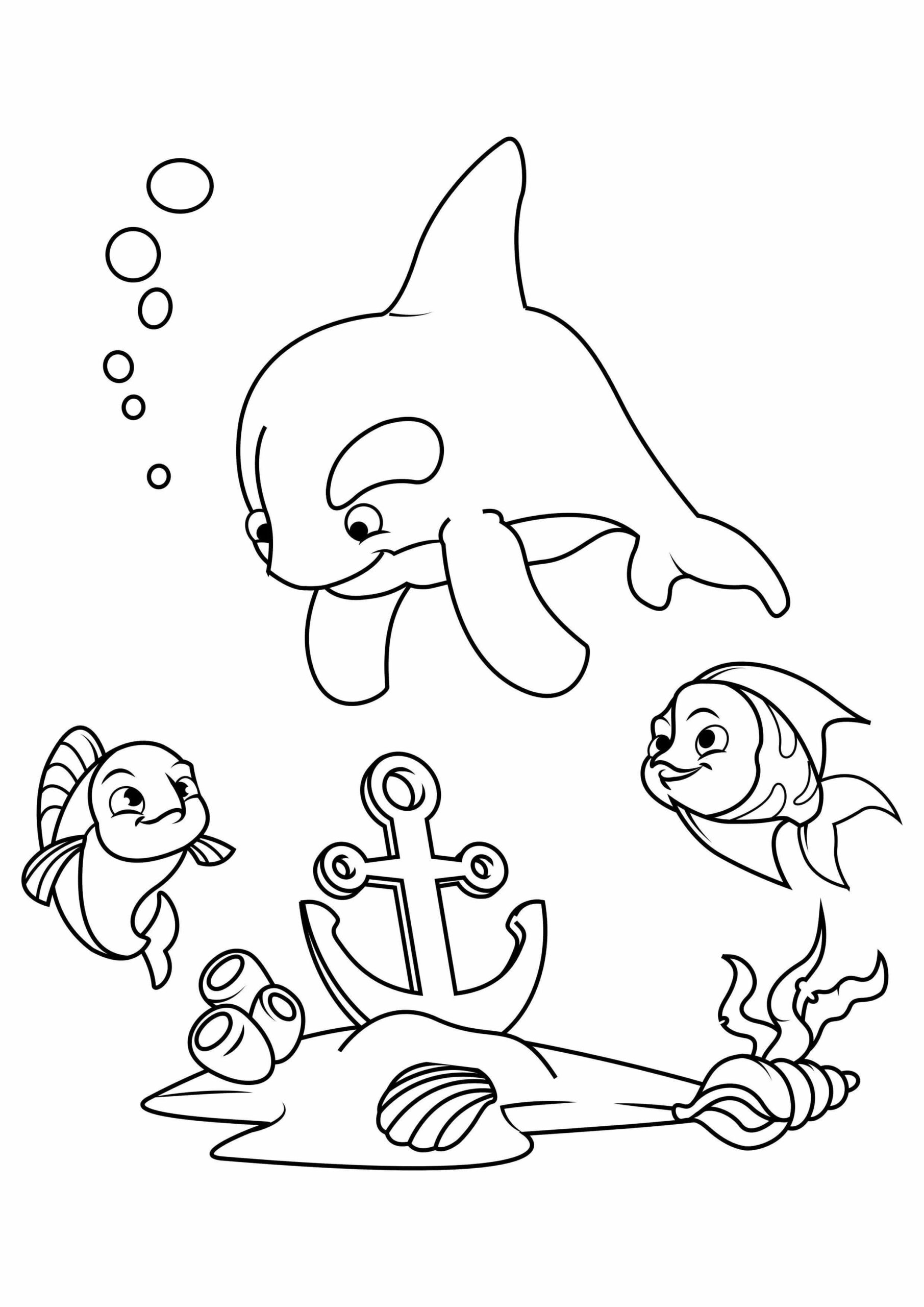 Dibujo de Delfn y Dos Peces con Ancla Scaled para Colorear
