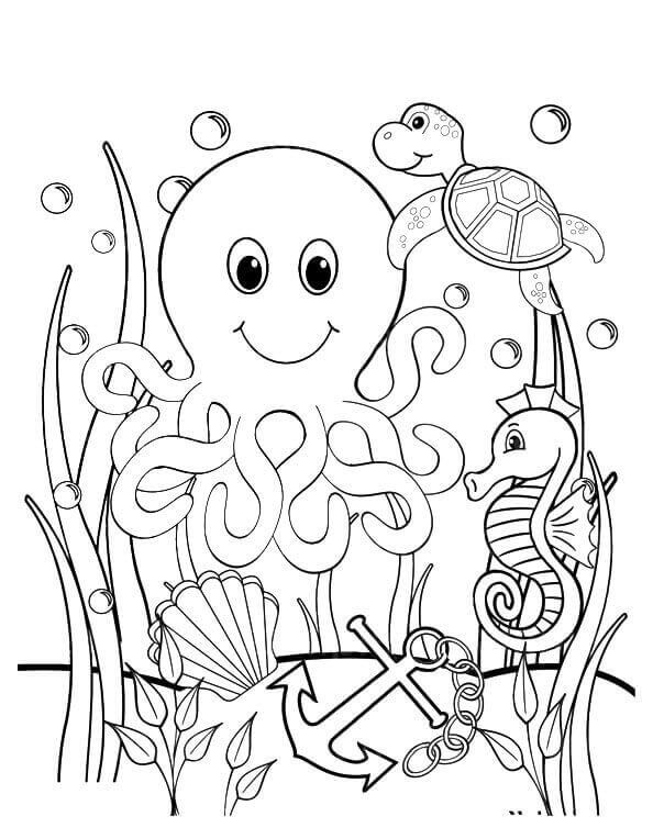 Dibujo de Lindo Animal Marino con Ancla para Colorear